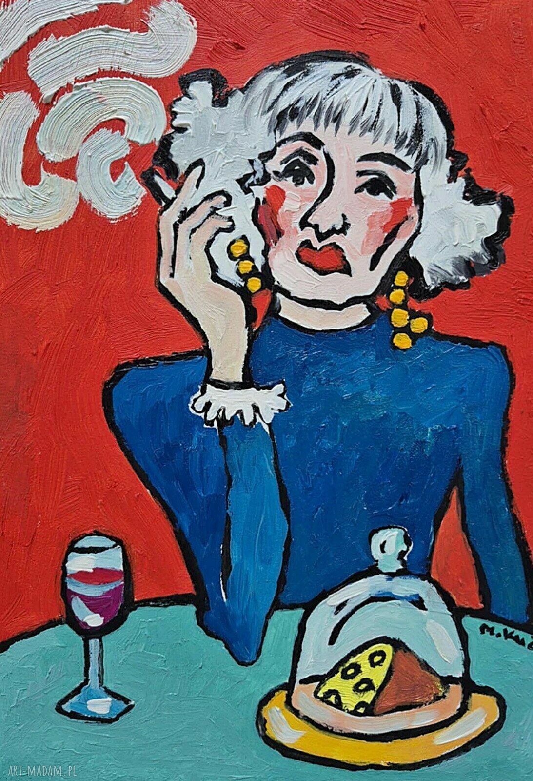 Obraz olejny „Dama wino, ser i papieros” limitowana ręcznie malowana kompozycja 21 x 29 cm