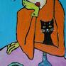 obraz do salonu obrazy niebieskie olejny dama z czarnym kotem
