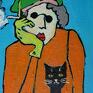 pomarańczowe obrazy do salonu obraz olejny dama z czarnym kotem