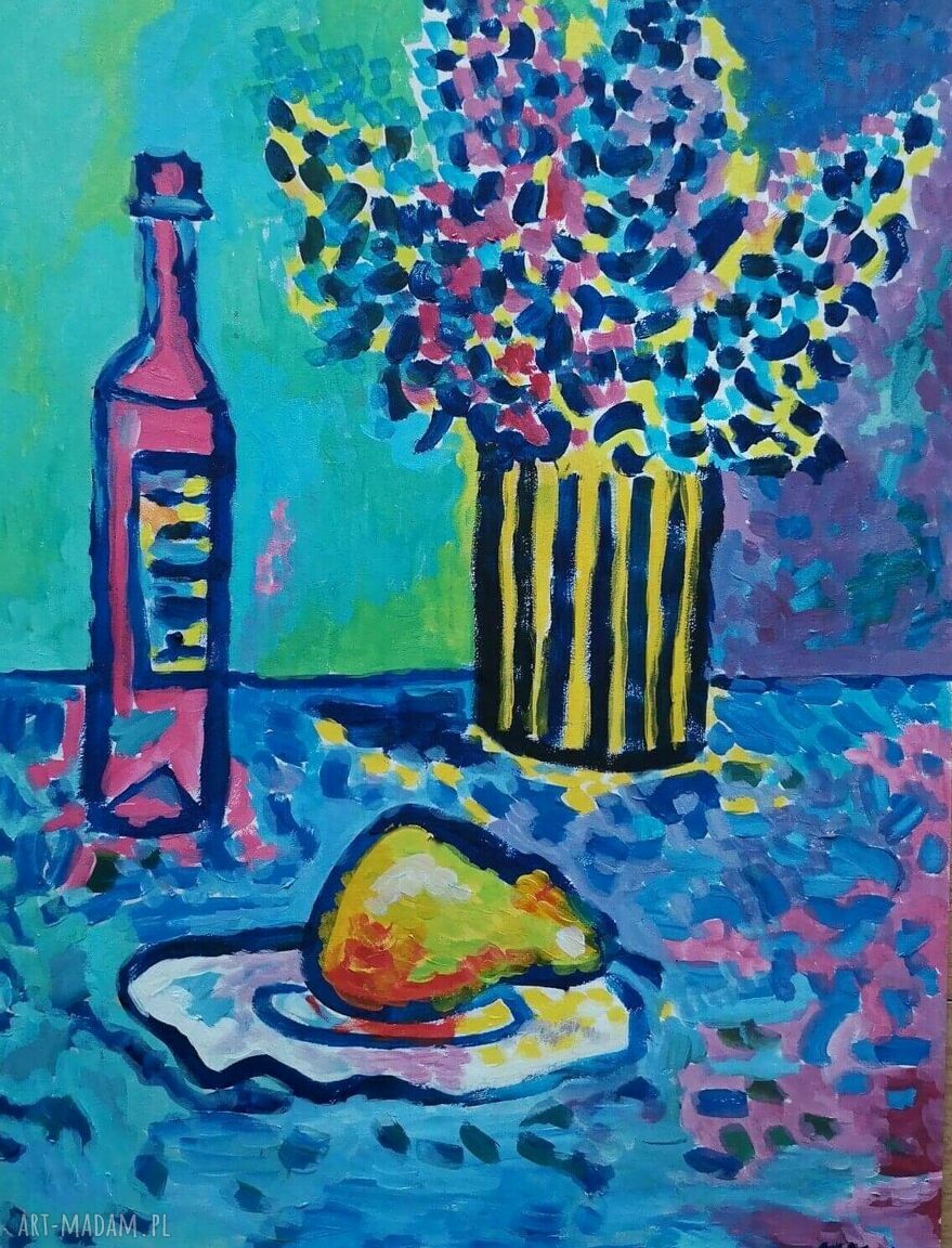 Obraz akrylowy w stylu ekspresjonizmu - martwa natura w turkusach, 30x40 cm