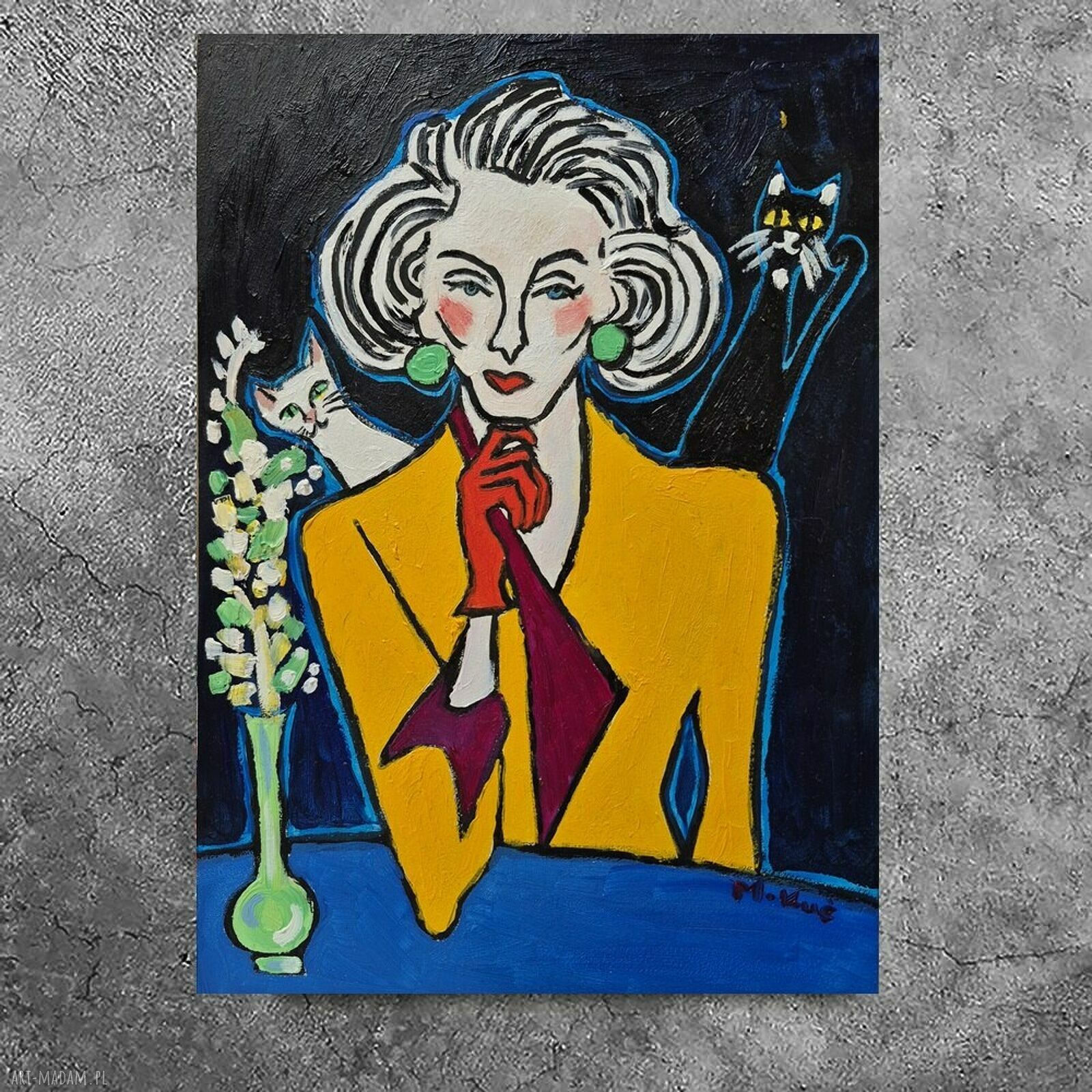 Obraz olejny Dwa oblicza Ewy - ręcznie malowany portret kobiety z kotami