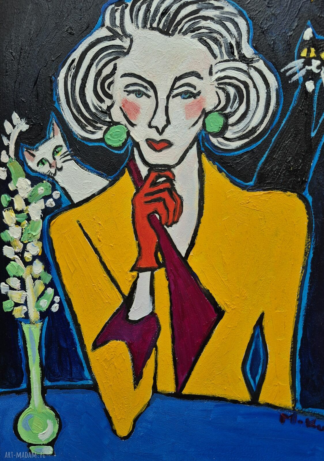 Obraz olejny Dwa oblicza Ewy - ręcznie malowany portret kobiety z kotami