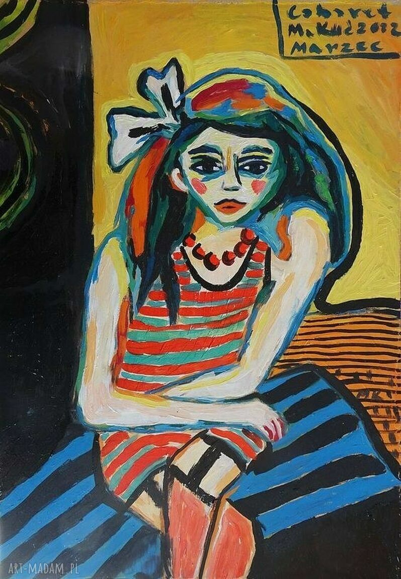 Obraz olejny dziewczyna z kokardą ręcznie malowany akrylami 30 x 43,5 cm
