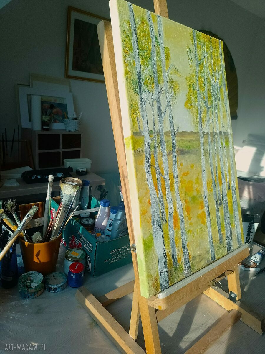 Obraz olejny ręcznie malowany szpachlą - Brzozowy zagajnik 60x40 cm