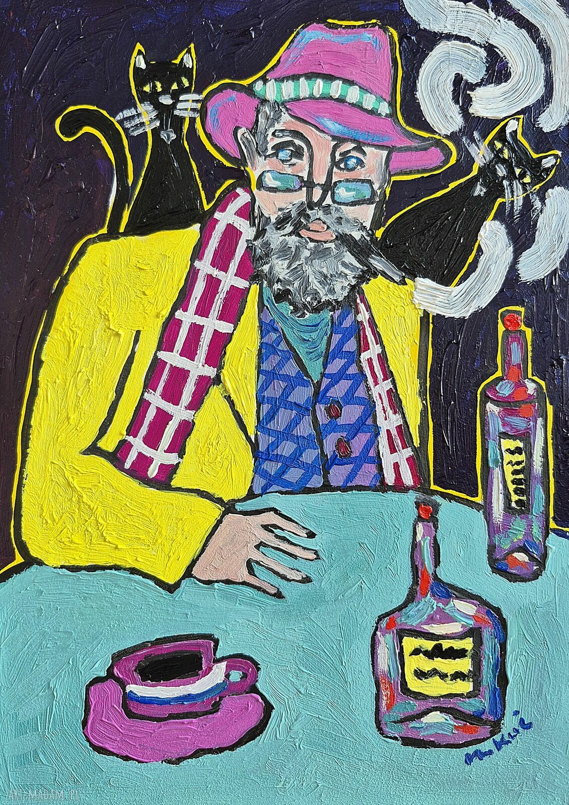Elegancja w chaosie - ręcznie malowany obraz olejny z kotami