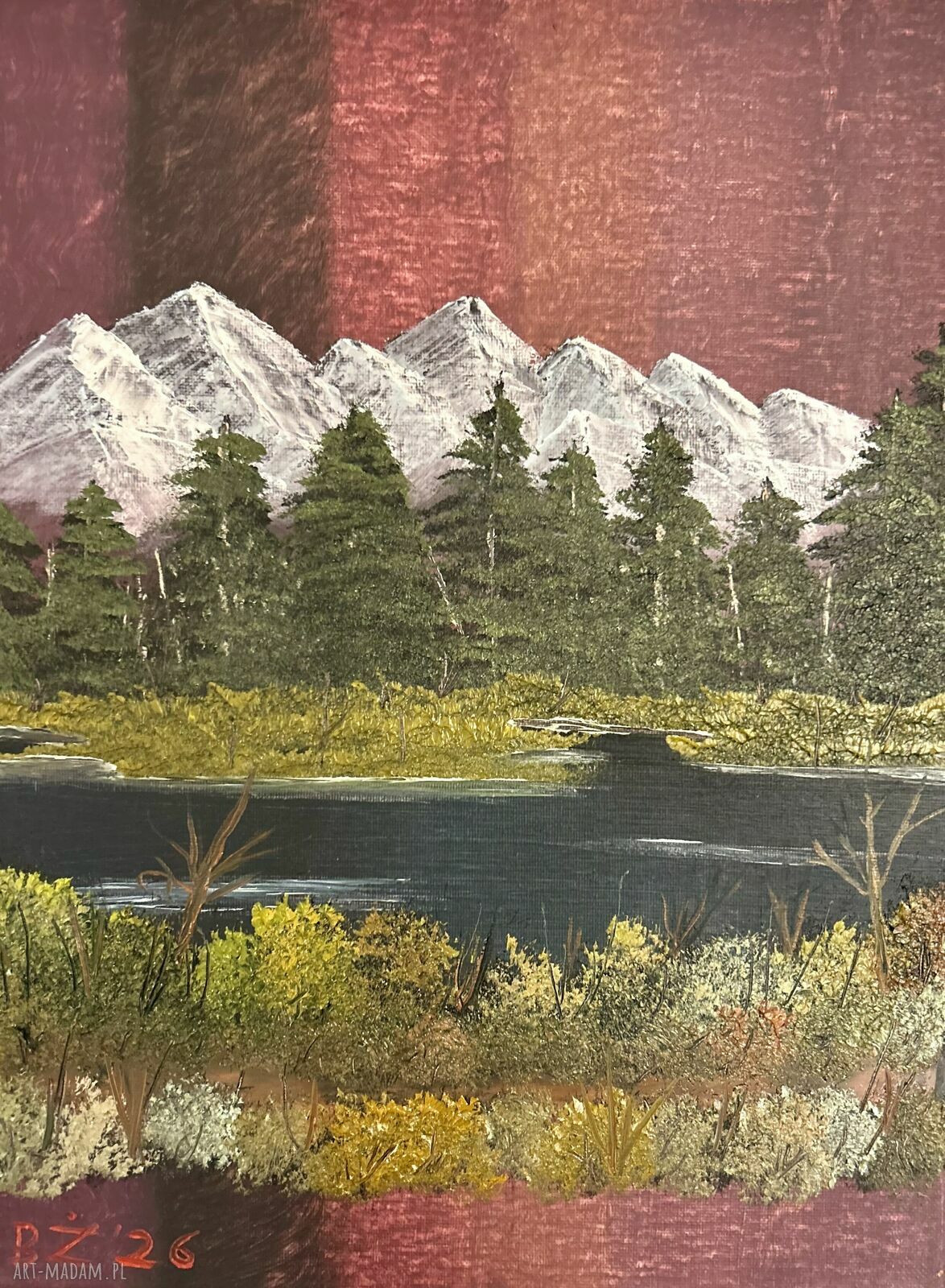 Ręcznie malowany obraz olejny - góry, las i rzeka, 30x40 cm
