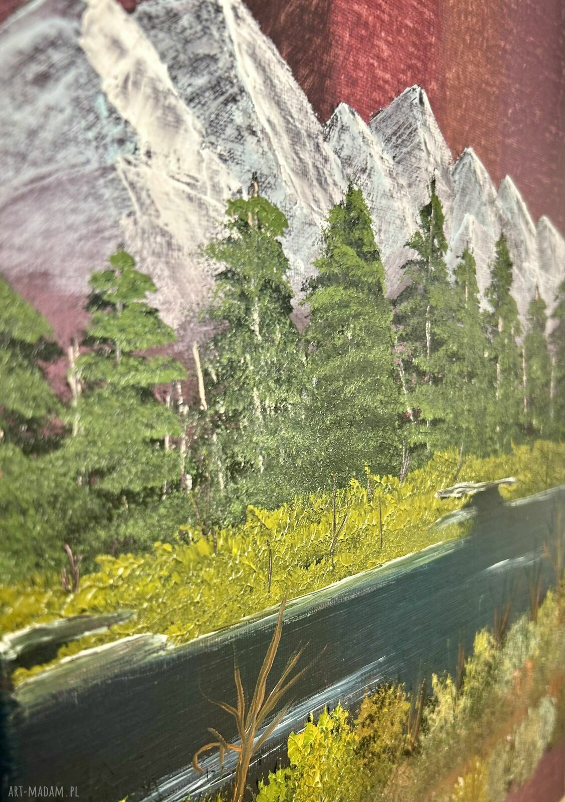 Ręcznie malowany obraz olejny - góry, las i rzeka, 30x40 cm
