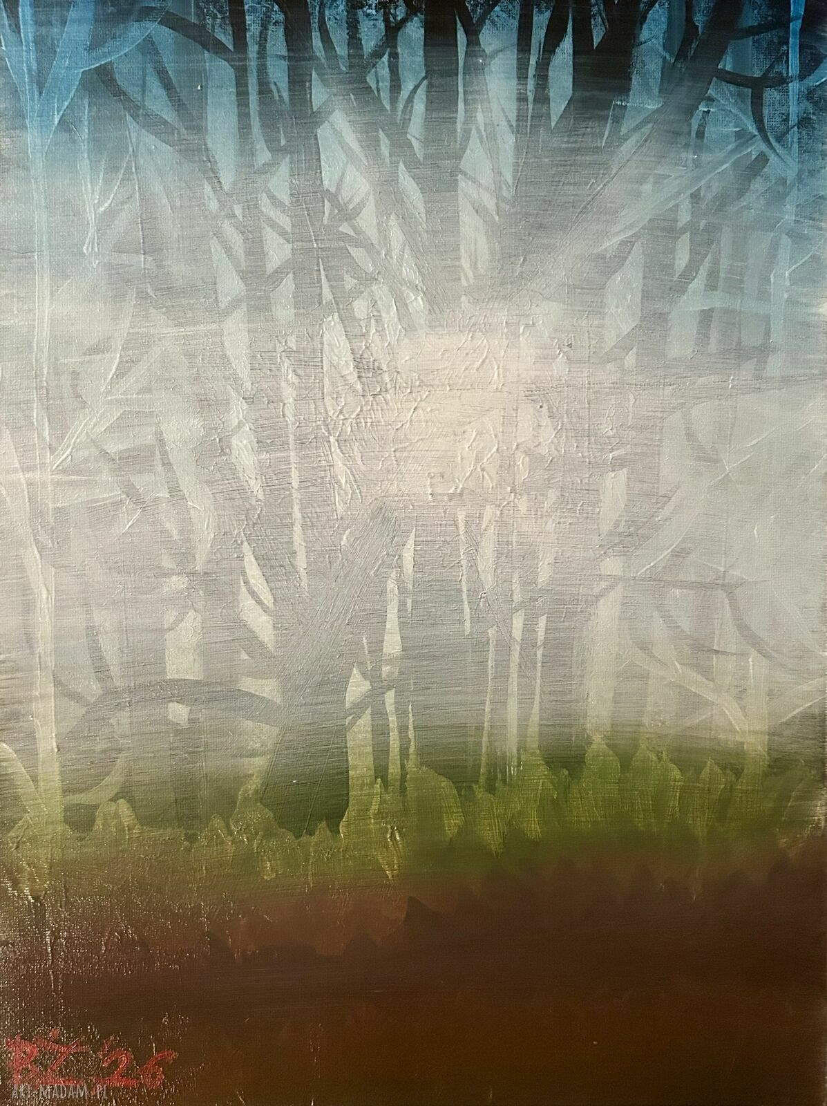 Jesienny las we mgle - ręcznie malowany obraz olejny 30x40 cm
