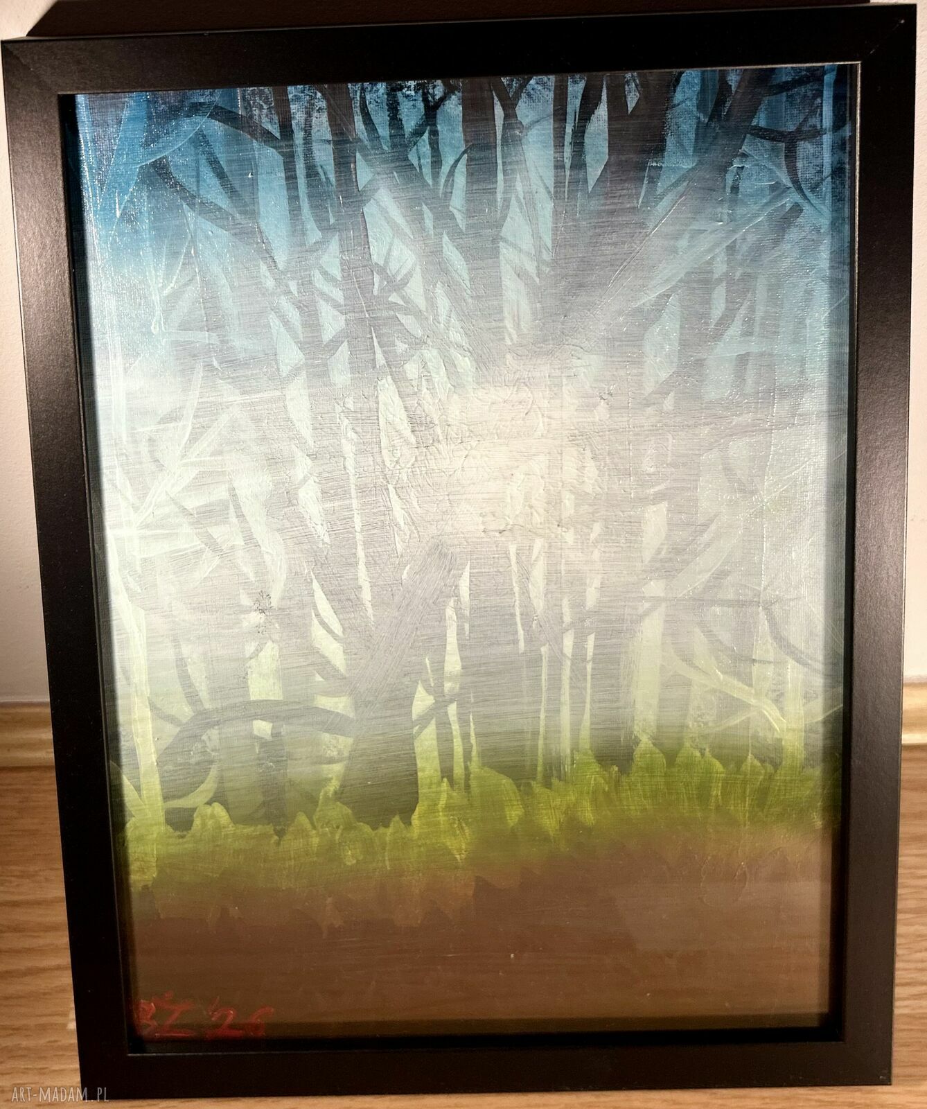 Jesienny las we mgle - ręcznie malowany obraz olejny 30x40 cm