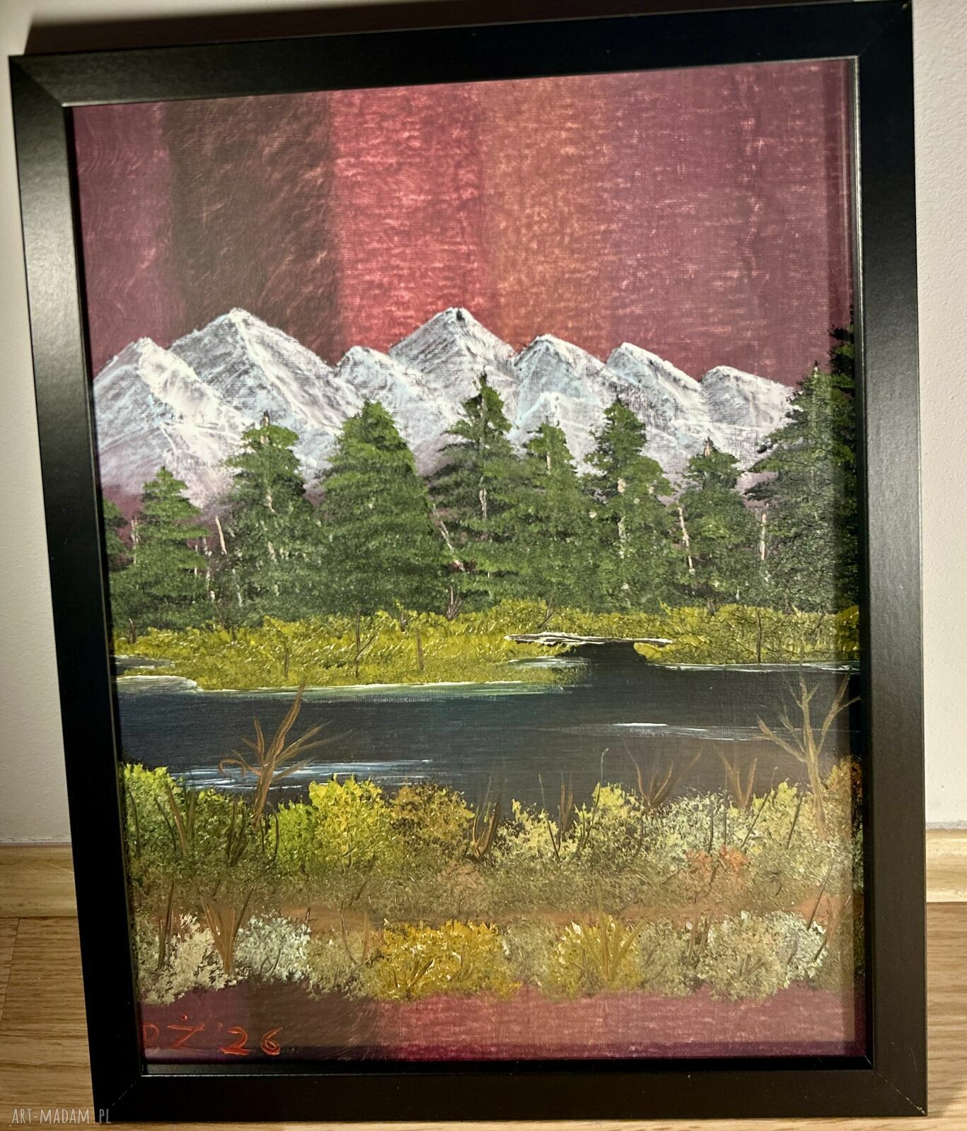 Ręcznie malowany obraz olejny - góry, las i rzeka, 30x40 cm
