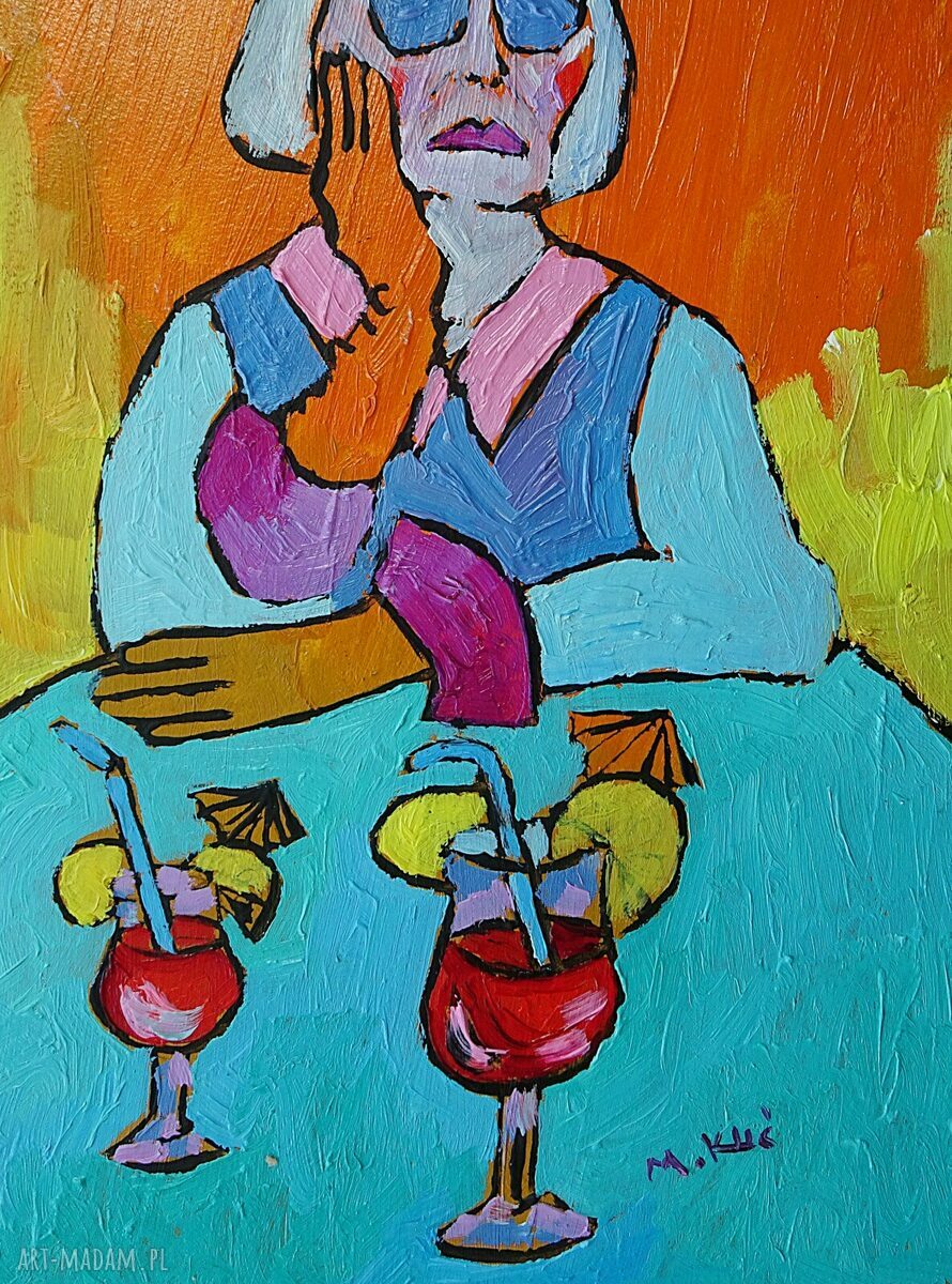 Diva Babcia z drinkiem - obraz olejny do nowoczesnego salonu