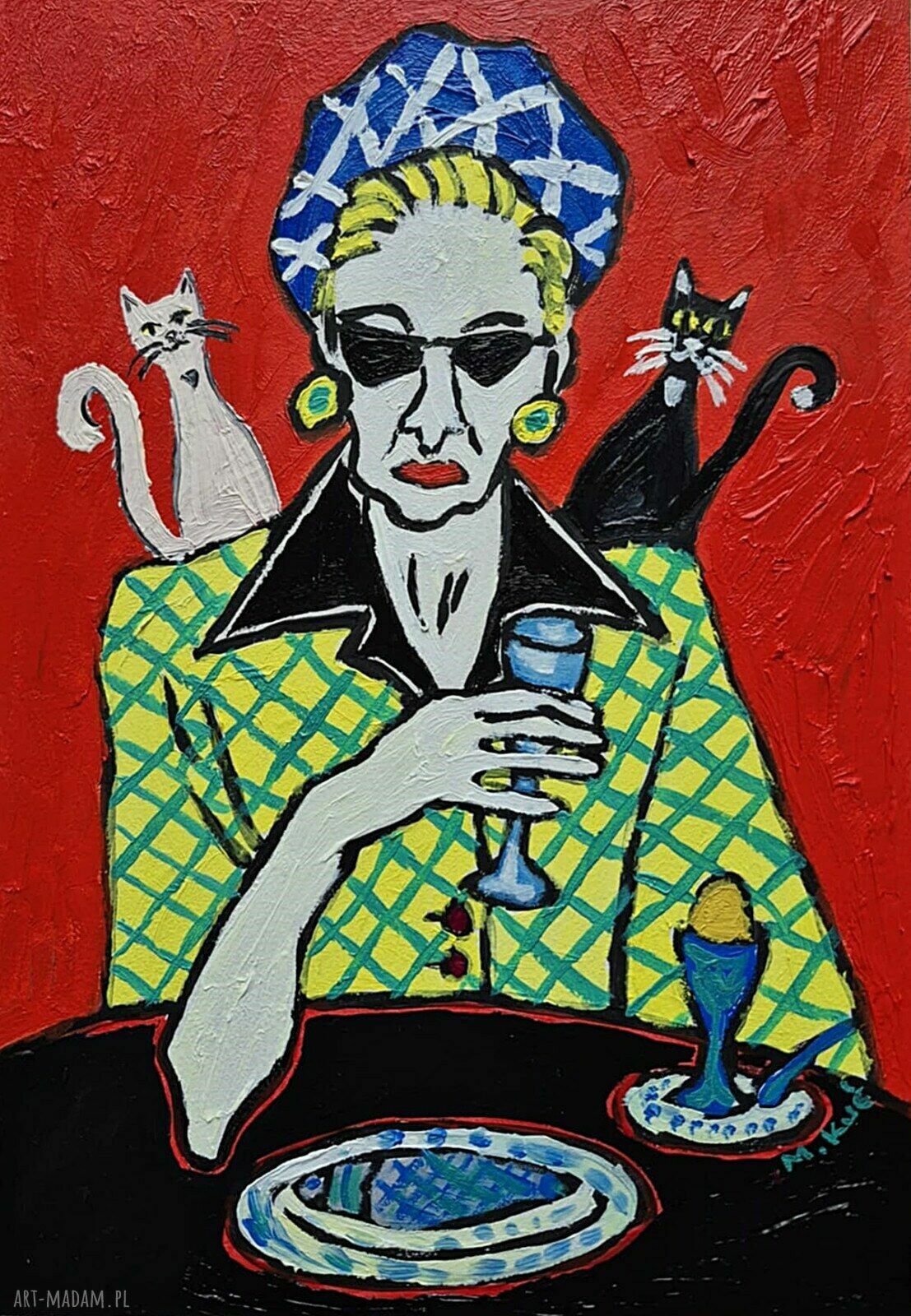Obraz olejny „Ona i dwa cienie” - portret kobiety z kotami, Carmenlotsu