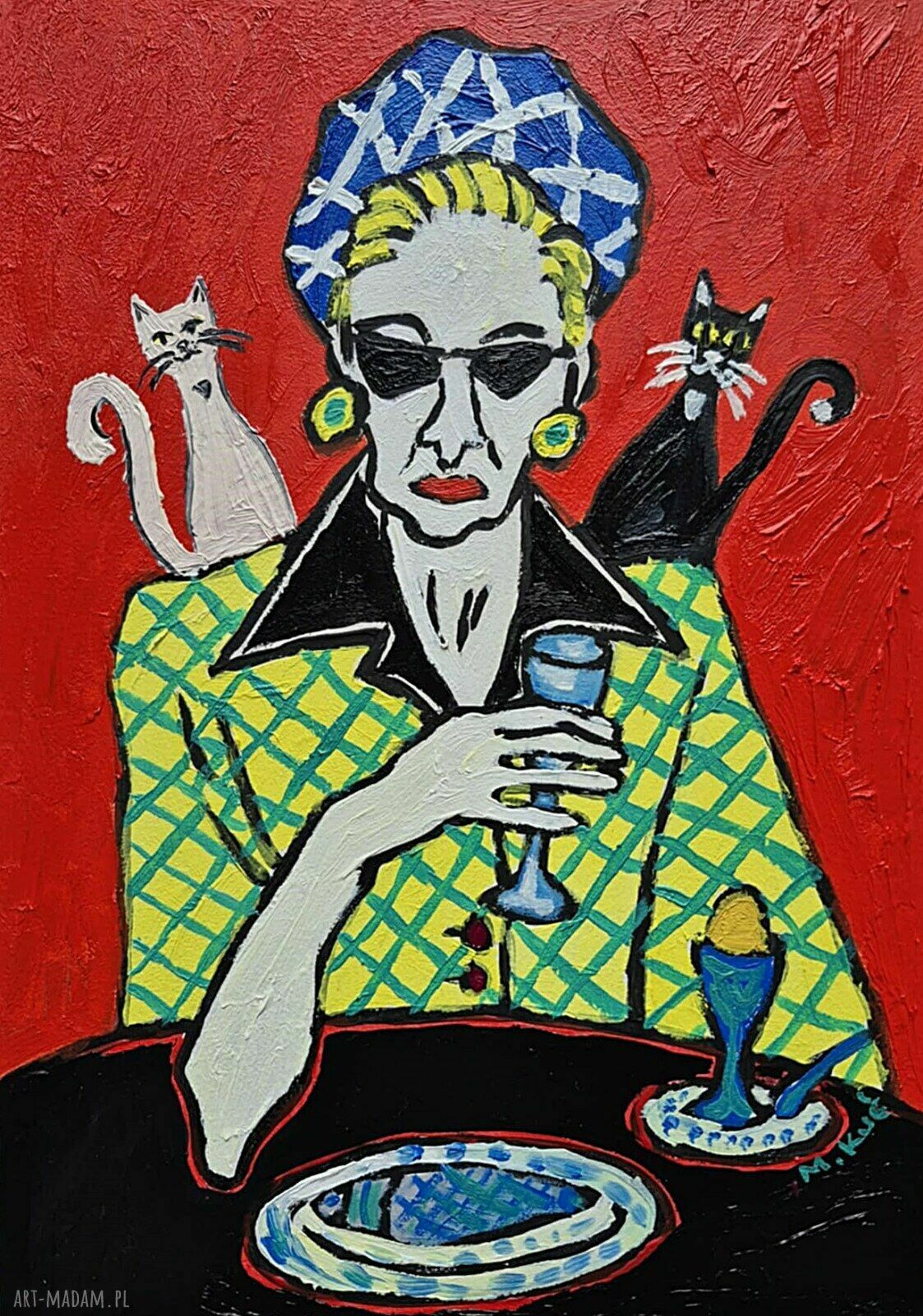 Obraz olejny „Ona i dwa cienie” portret kobiety z kotami, Carmenlotsu