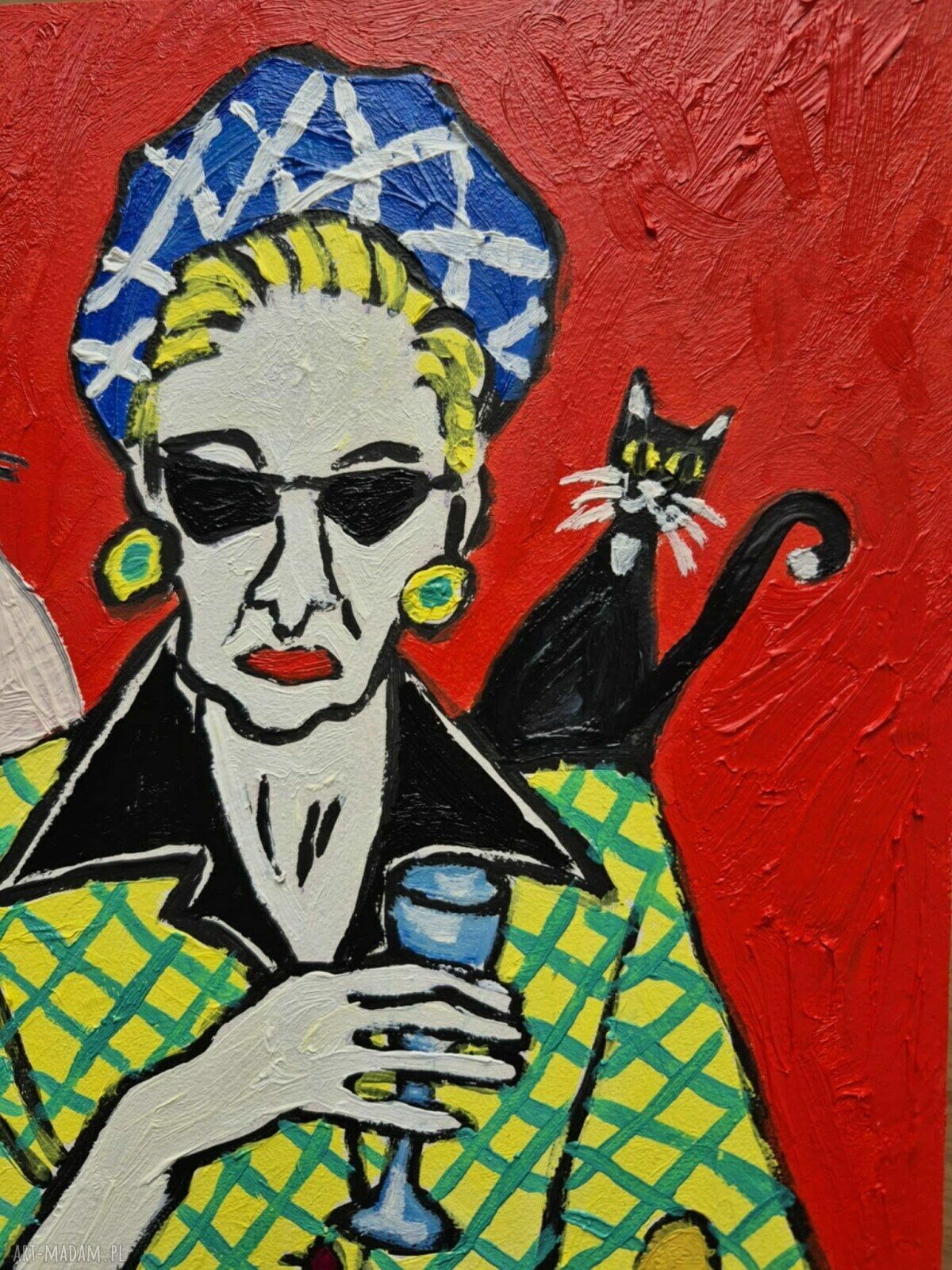 Obraz olejny „Ona i dwa cienie” portret kobiety z kotami, Carmenlotsu