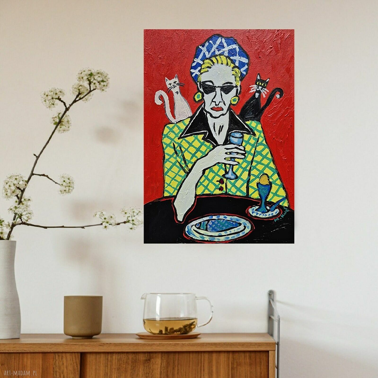 Obraz olejny „Ona i dwa cienie” portret kobiety z kotami, Carmenlotsu