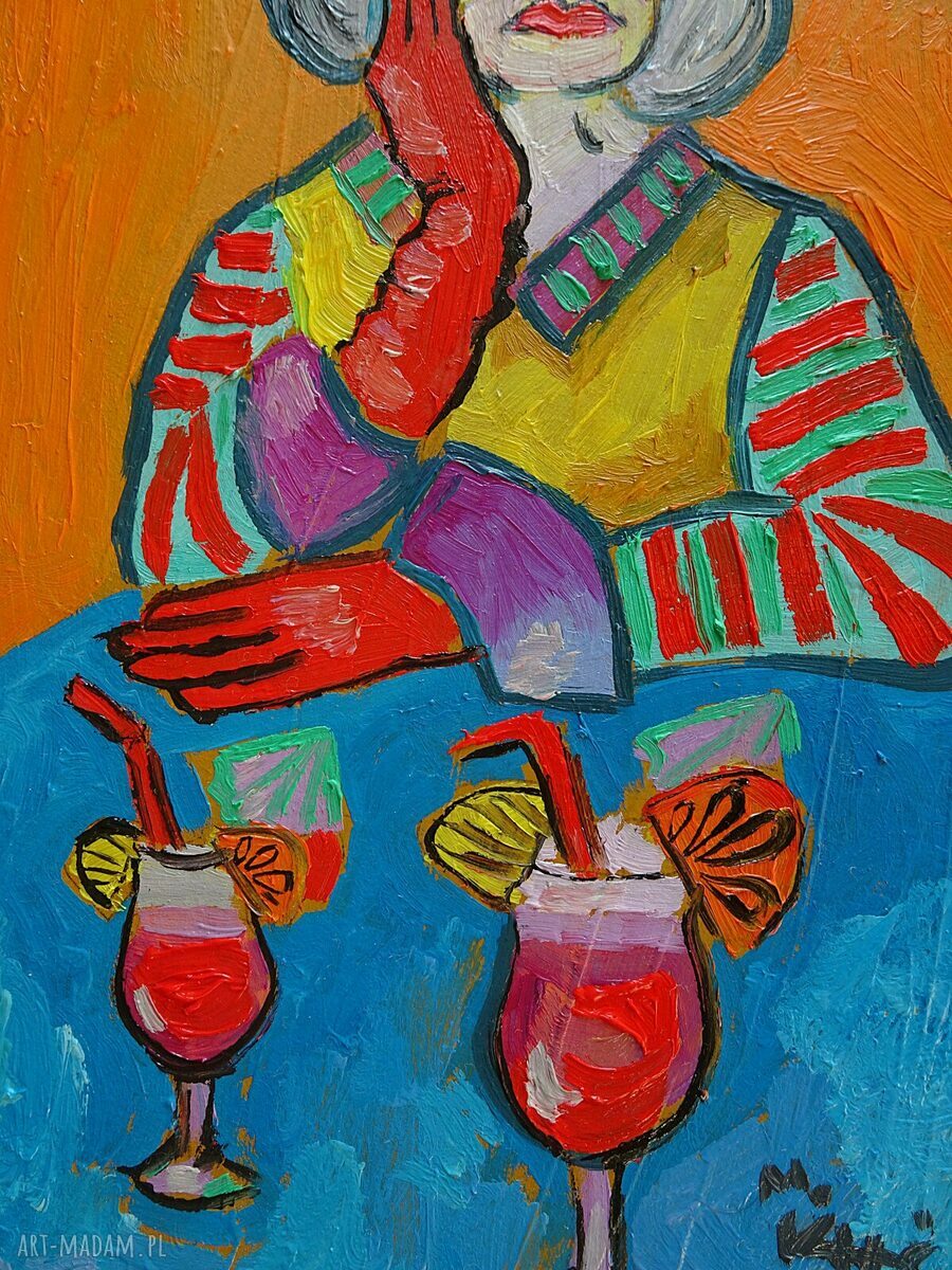 Olejny portret babci z drinkiem ręcznie malowany