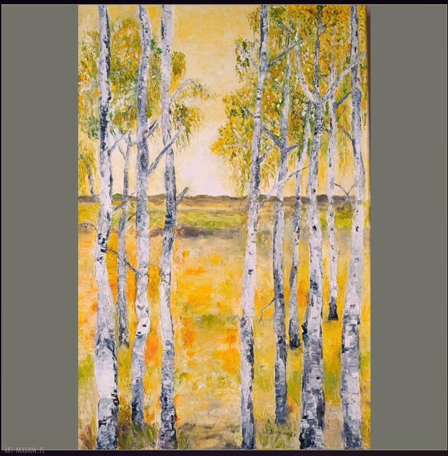 Obraz olejny ręcznie malowany szpachlą - Brzozowy zagajnik 60x40 cm