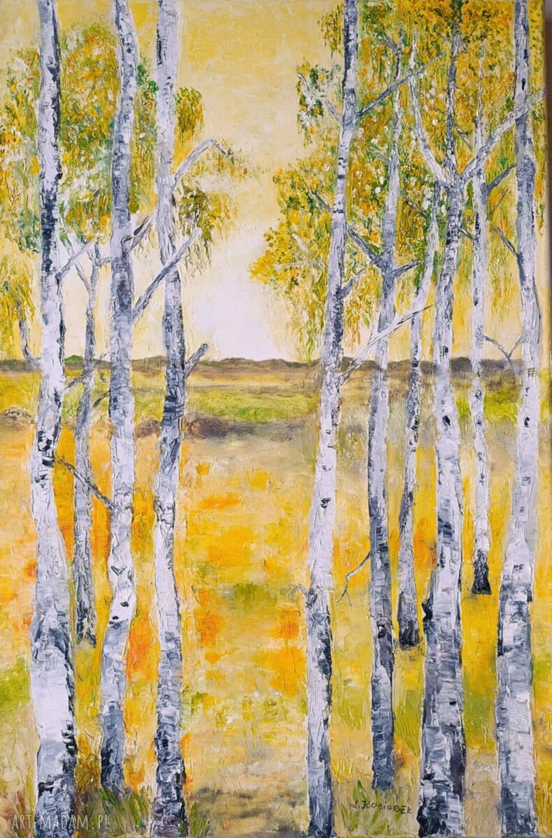 Obraz olejny ręcznie malowany szpachlą - Brzozowy zagajnik 60x40 cm