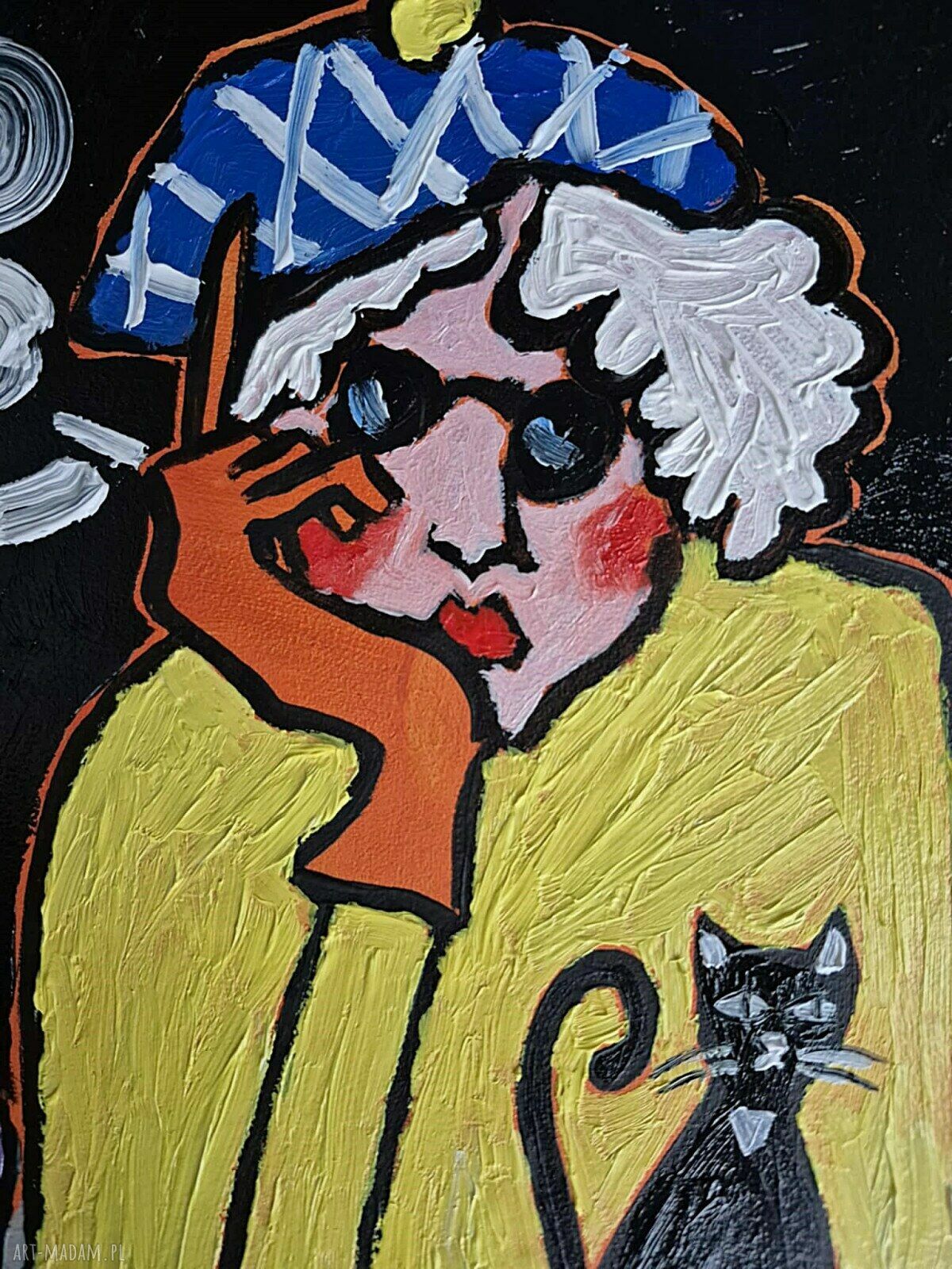 Obraz olejny Sam na sam z nocą babcia z kotem, 21x29 cm