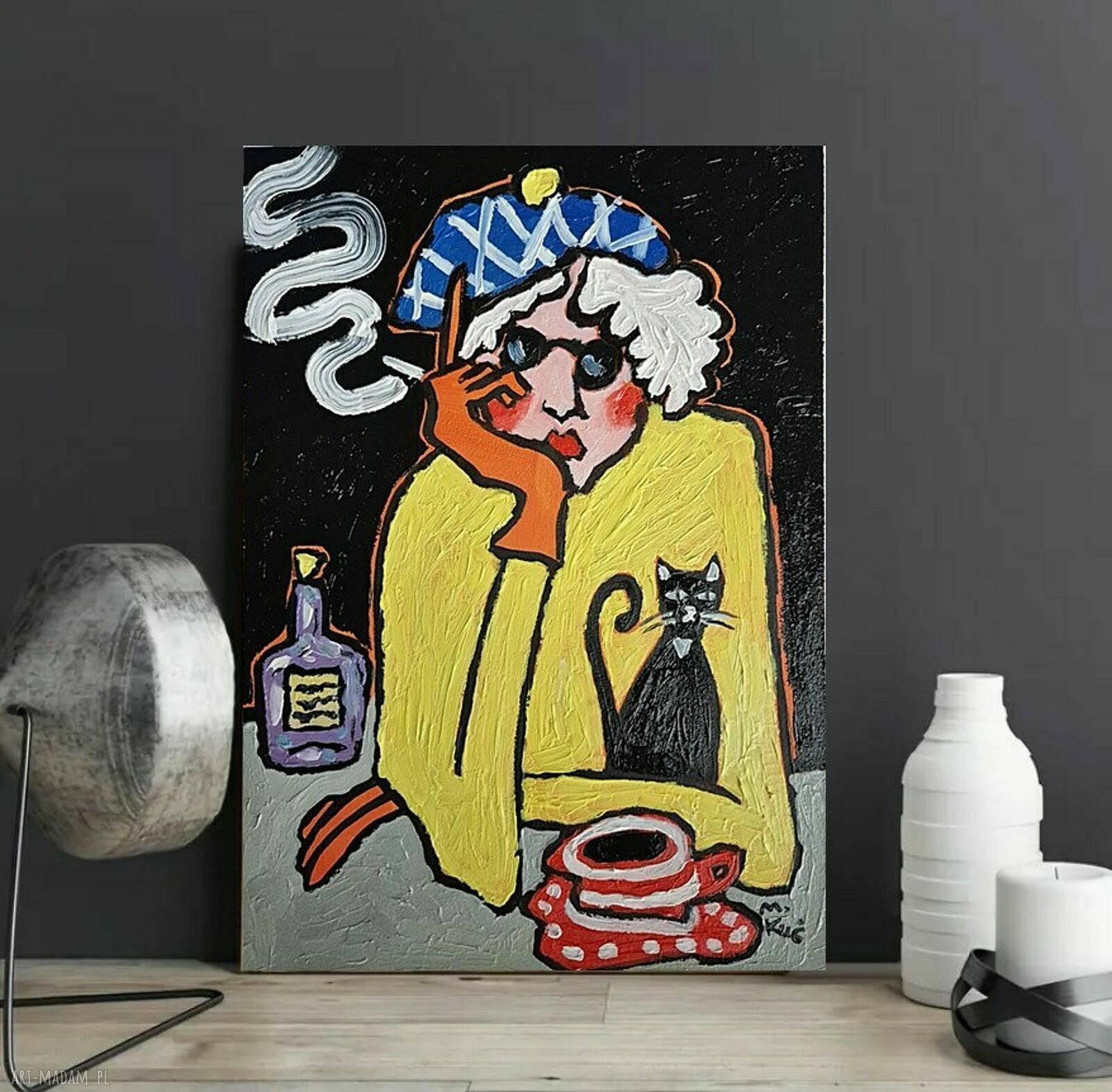 Obraz olejny Sam na sam z nocą babcia z kotem, 21x29 cm