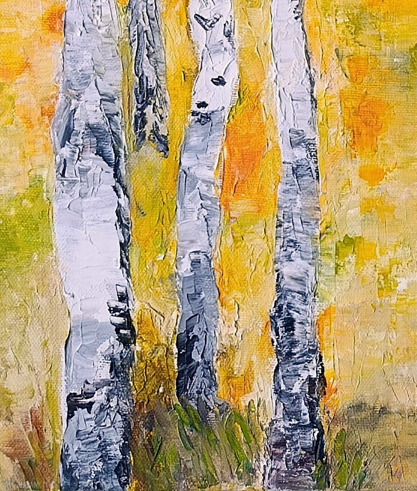 Obraz olejny ręcznie malowany szpachlą - Brzozowy zagajnik 60x40 cm