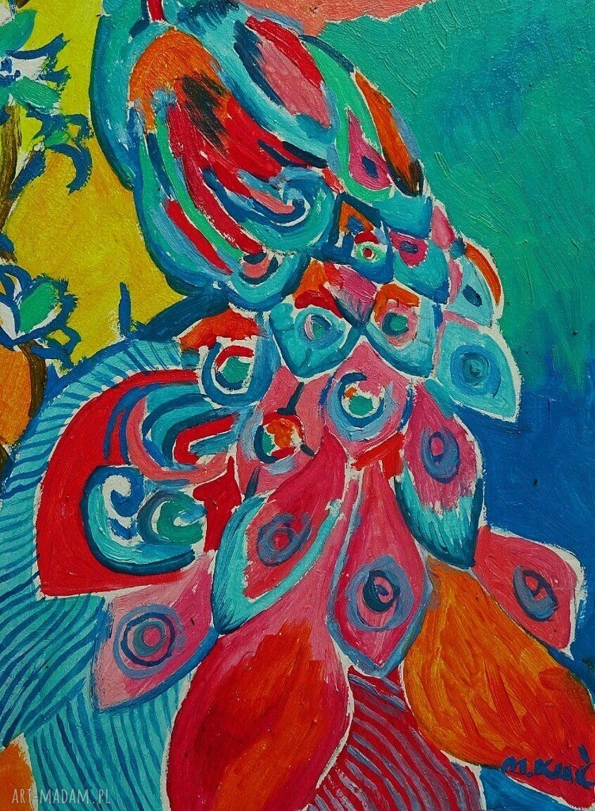 Obraz paw indyjski ręcznie malowany olej na płycie 21x29 cm, limitowana edycja art Madam.pl