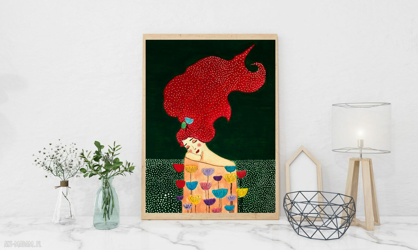 Obraz-plakat 40x60 w zieleni: dom, kwiaty i kobieta