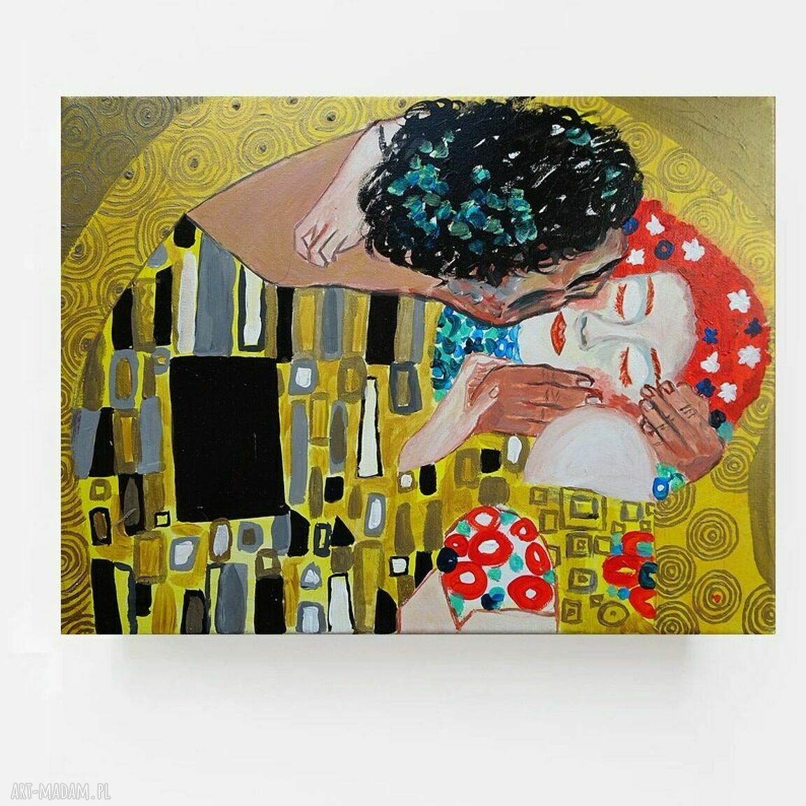 Ręcznie malowany obraz „Pocałunek” Gustava Klimta do salonu - akryl na płótnie 30x40 cm art-Madam.pl