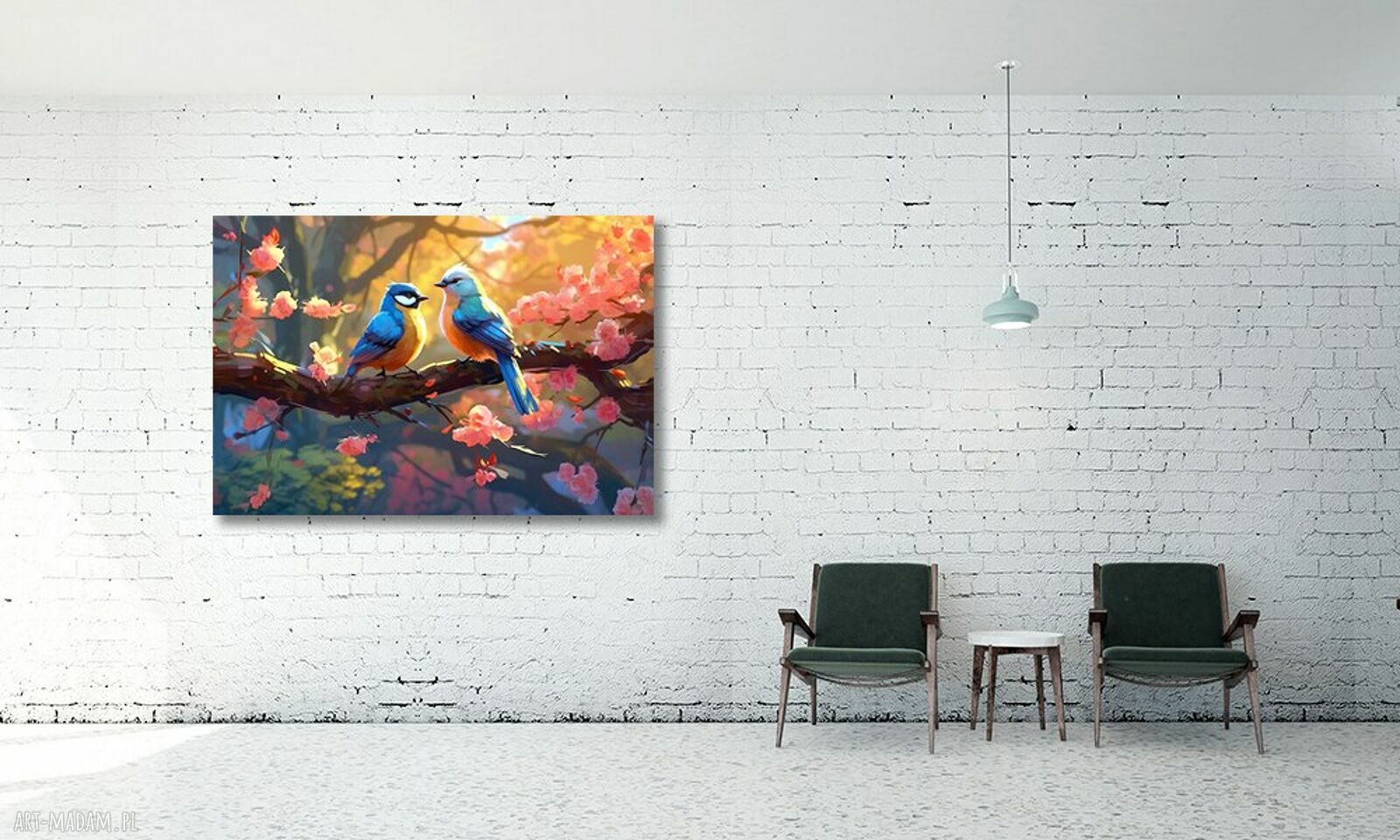 Obraz na płótnie Ptaki na gałęzi z kwiatami wiśni 120x80 cm