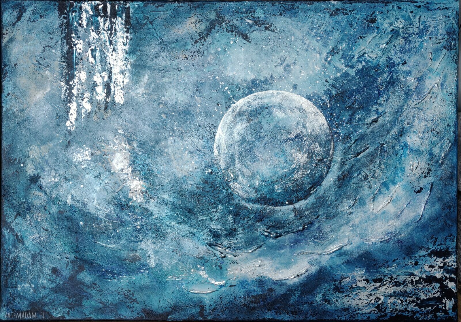 Srebrzysty Księżyc 3D - obraz ręcznie malowany na płótnie 100x70 cm