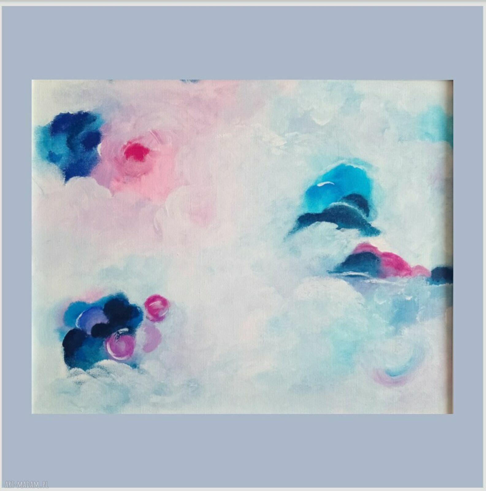 Obraz „Chmurki” ręcznie malowany abstrakcja w białej ramie 52x42 cm