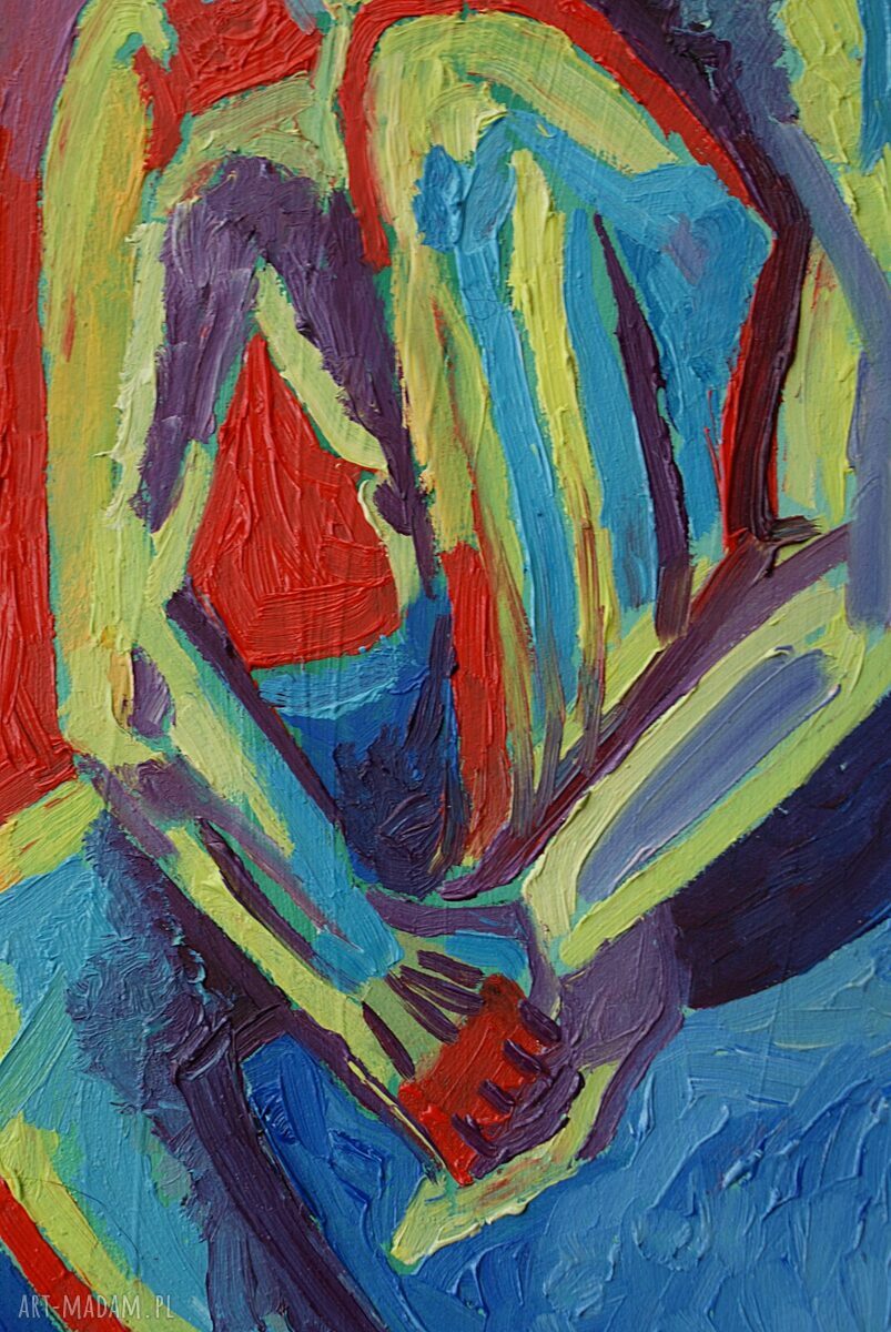 Akt męski w eksplozji barw - ręcznie malowany obraz olejny 21x29 cm