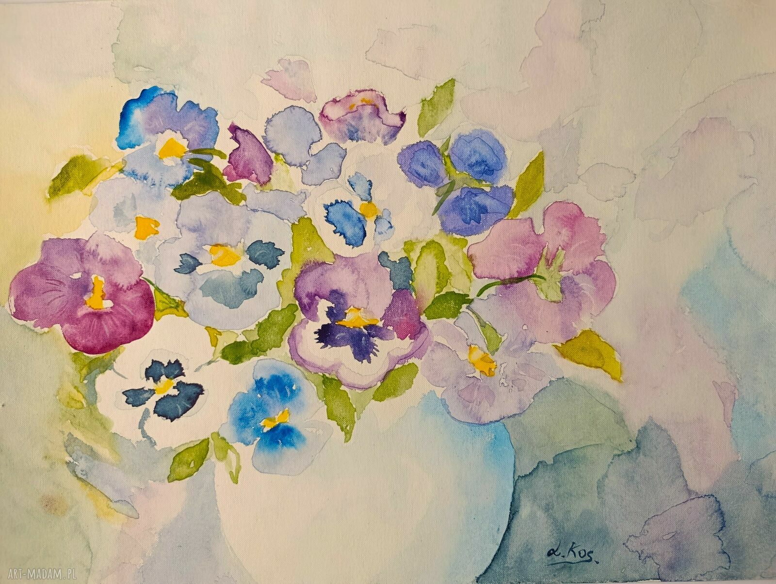 Bratki w wazonie - ręcznie malowany obraz akwarela 48x34