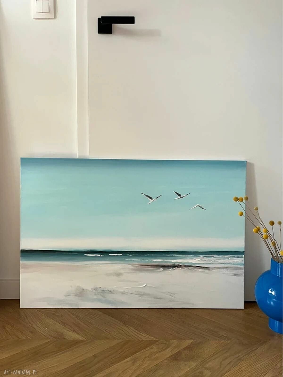 Ręcznie malowany obraz morski z mewami - plaża 60x90 cm