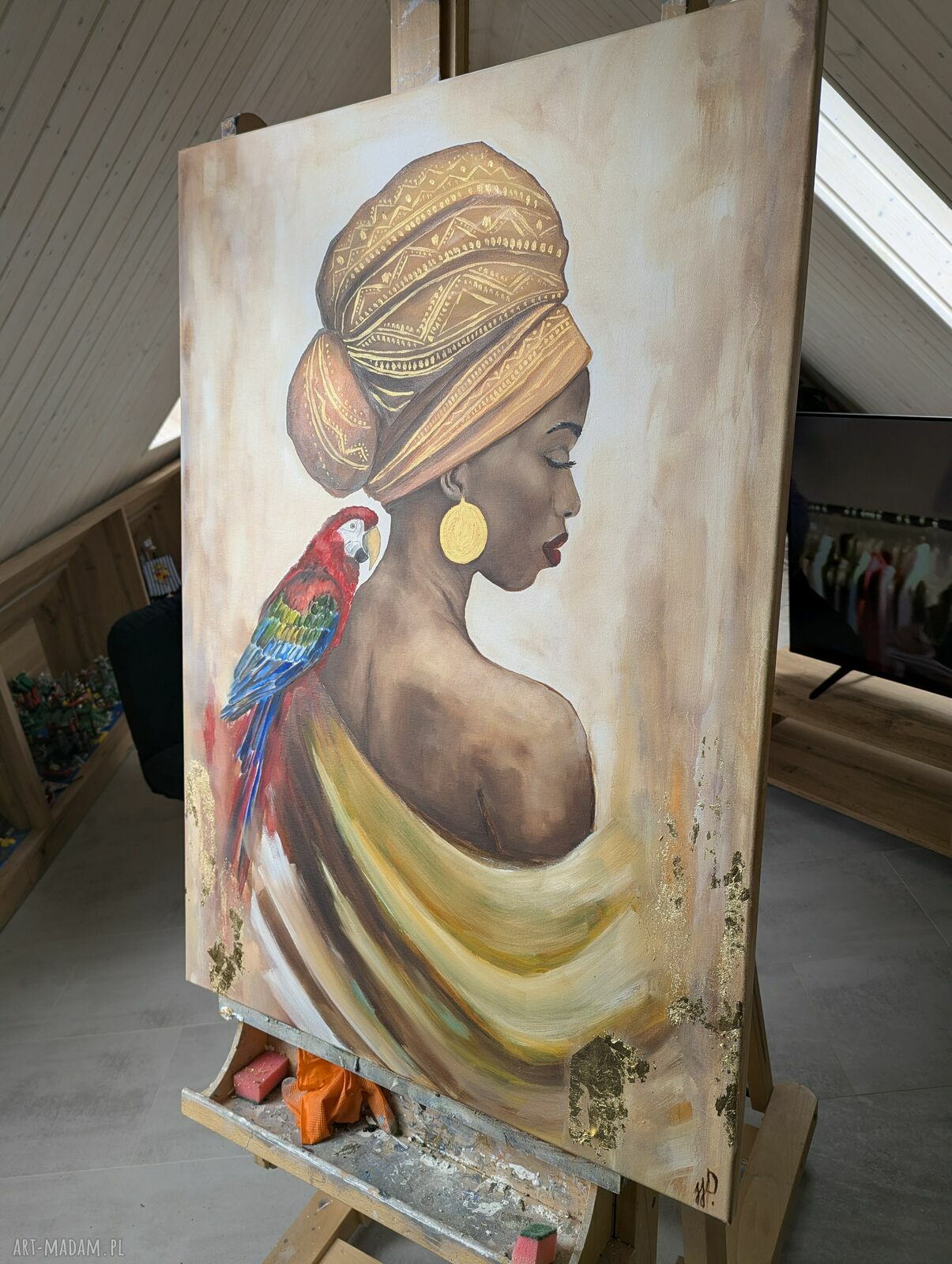 Obraz olejny 70x100 cm - Kobieta z papugą, gotowy do zawieszenia