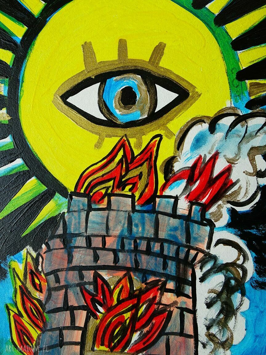 Ręcznie malowany obraz Wieża Dom Boży - akryl na płycie 21x29 cm (edycja limitowana)