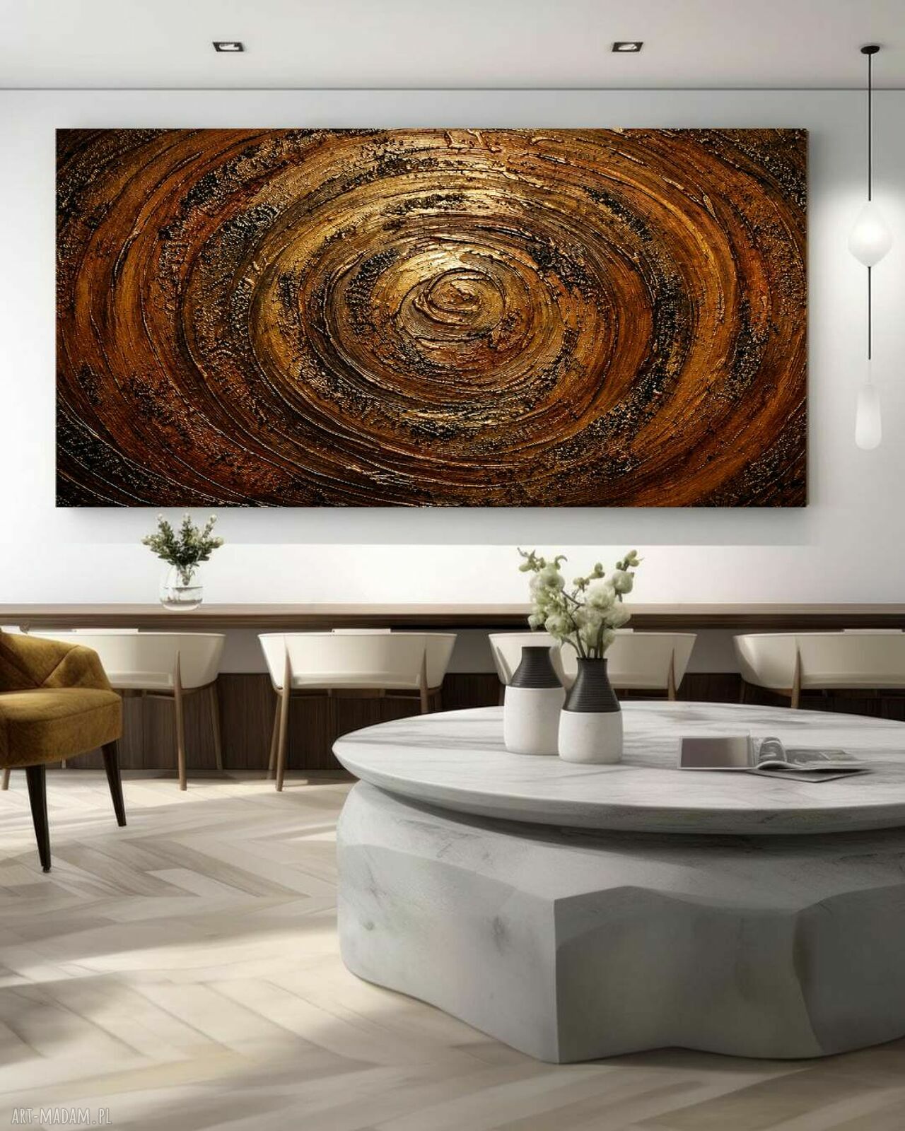 Obraz ręcznie malowany 80x160 w kolorach miedź i złoto do salonu