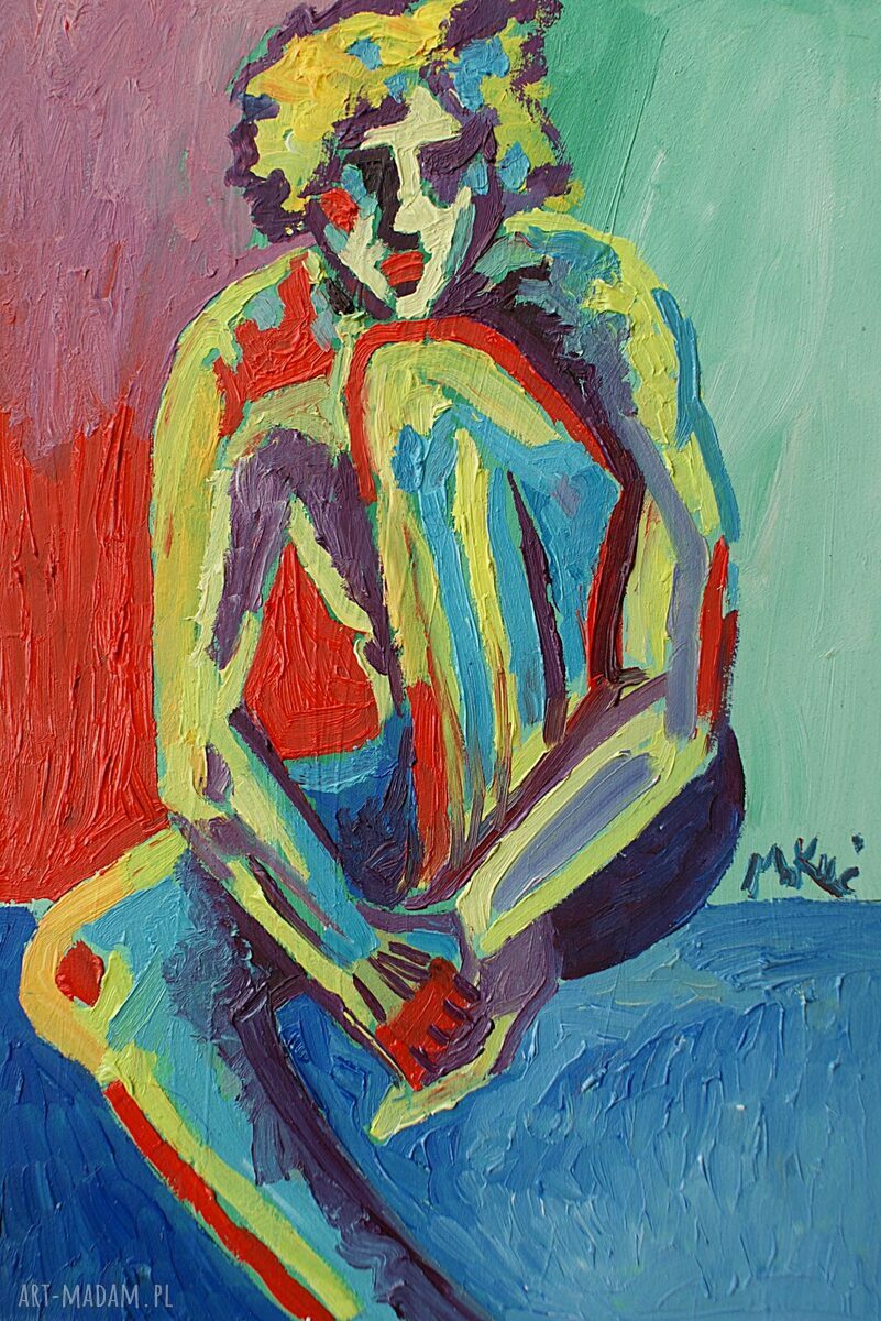 Akt męski w eksplozji barw - ręcznie malowany obraz olejny 21x29 cm