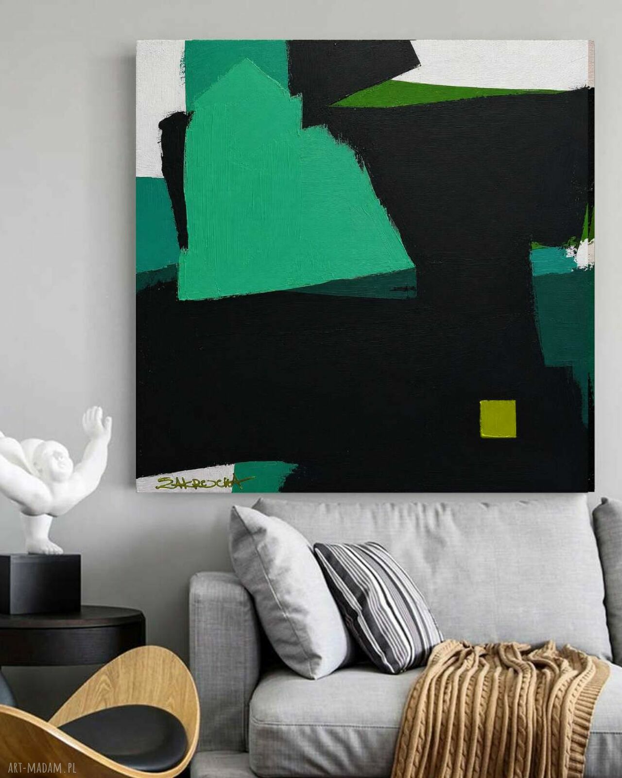 Abstrakcja z turkusem 120x120 cm - ręcznie malowany obraz do biura i salonu