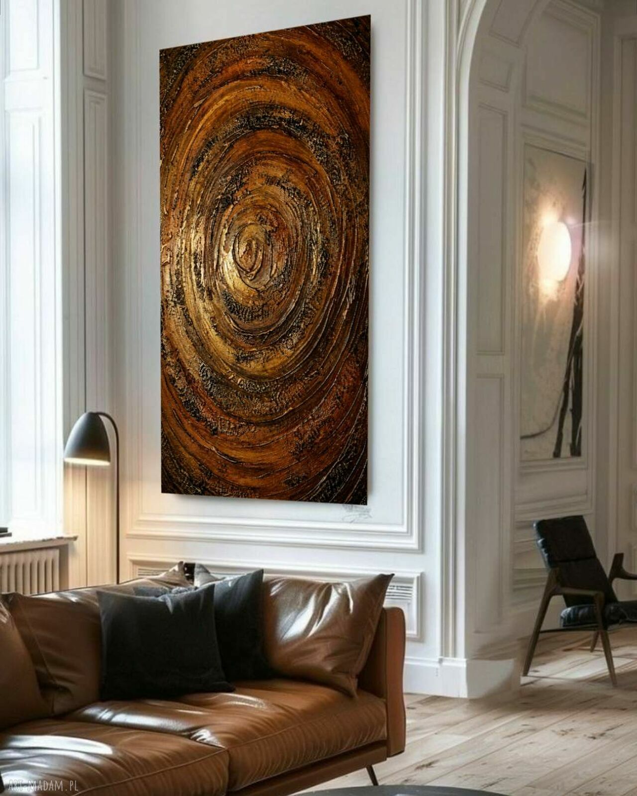 Obraz ręcznie malowany 80x160 w kolorach miedź i złoto do salonu