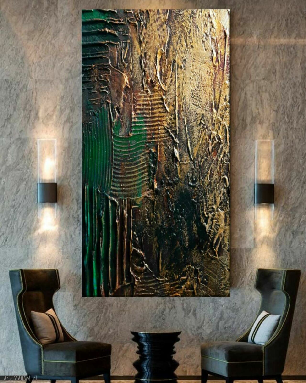 Ręcznie malowany obraz 80x160 cm w kolorach złoto - miedź i szmaragd