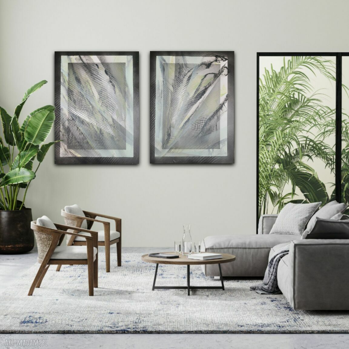 Dyptyk ręcznie malowany 2x 60x80 cm w stylu VEGE - natura w czerni, zieleni i bieli