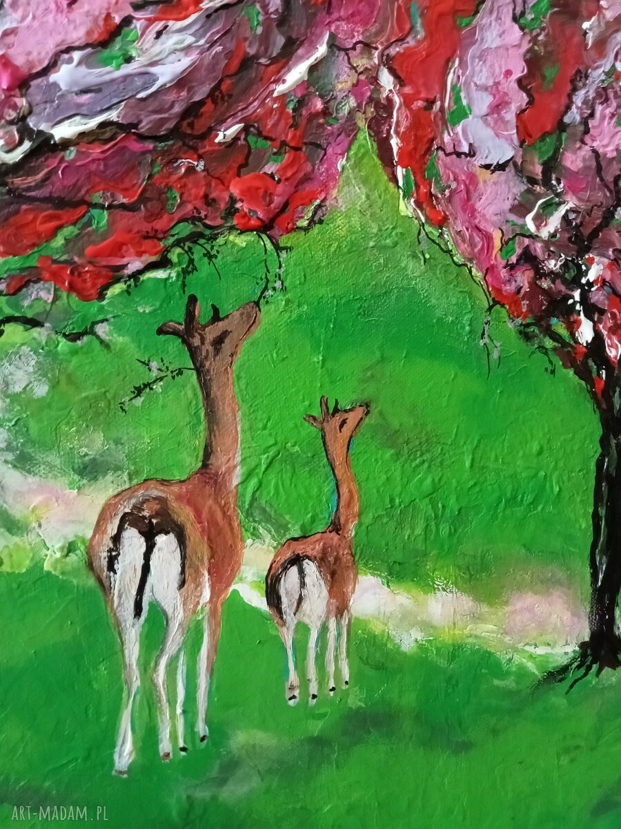 Obraz ręcznie malowany na płótnie Secret garden - jeleń i sarny, 40x40 cm