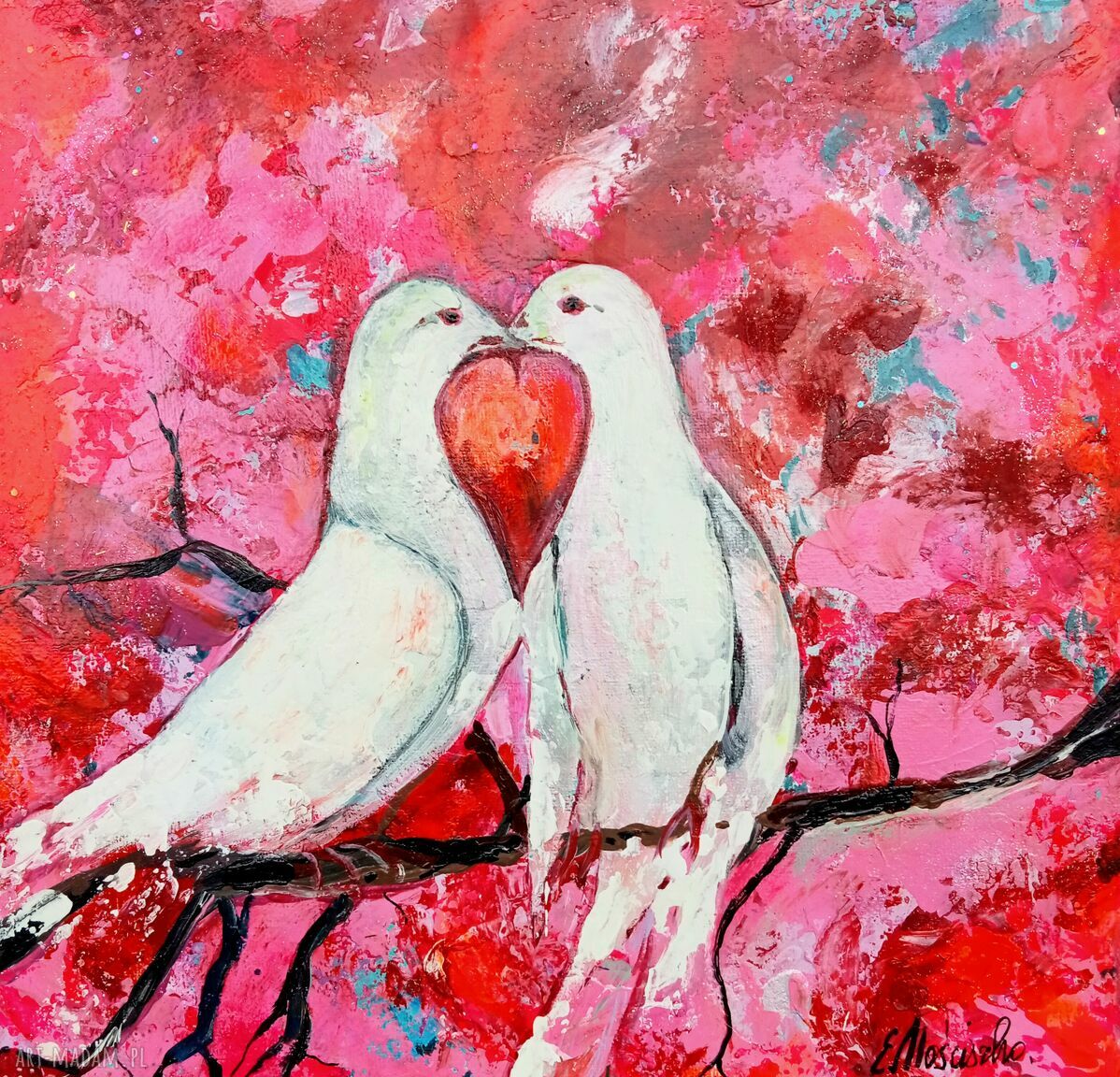 Romantyczny obraz z gołębiami - ręcznie malowany na płótnie 30x30 cm