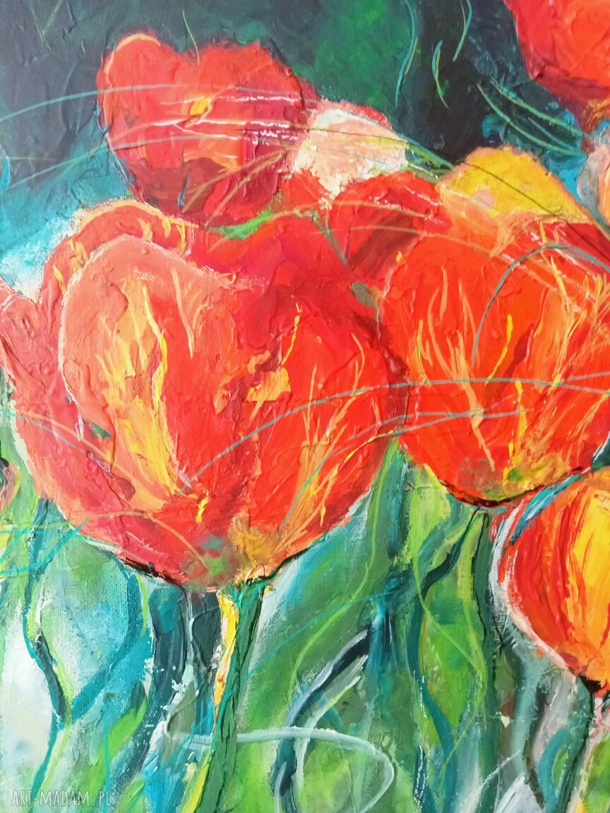 Tulipany i natura - ręcznie malowany obraz 40x40 cm na blejtramie