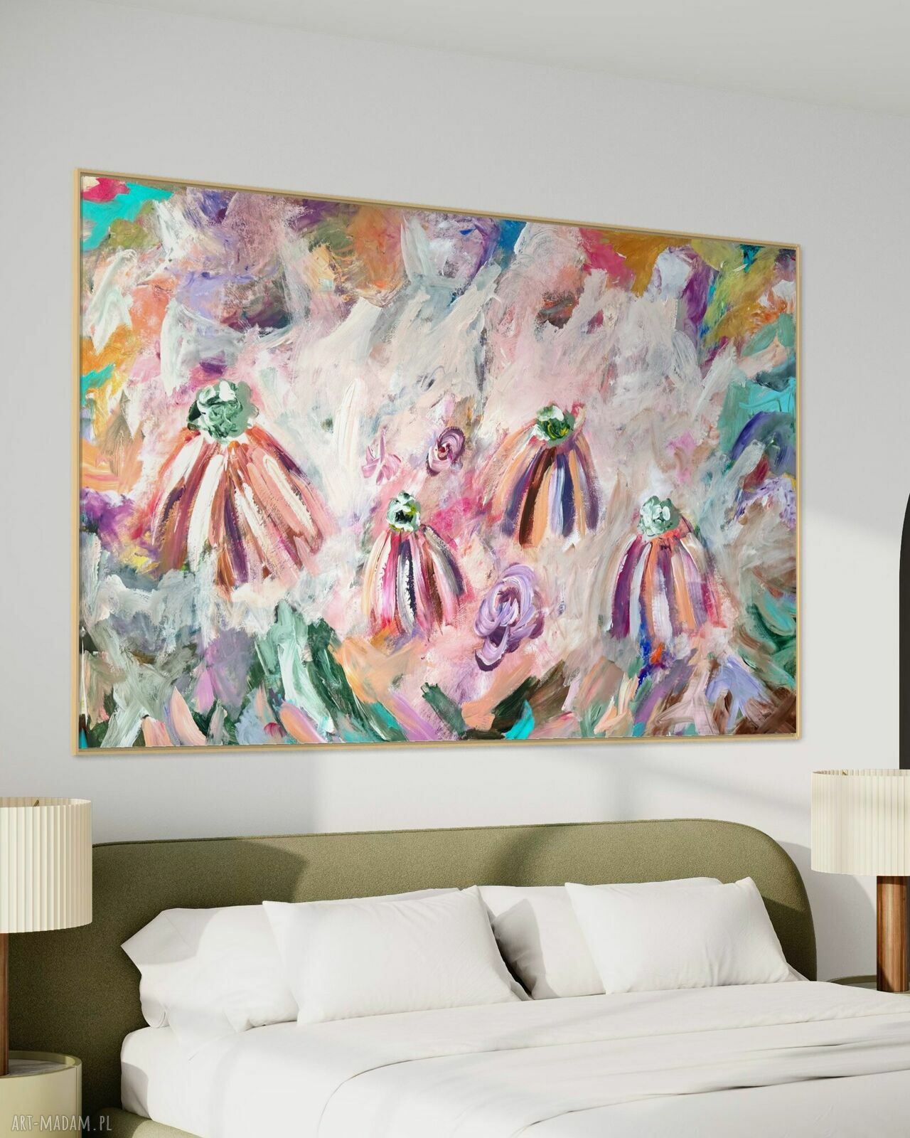 Duży obraz ręcznie malowany 90x140 cm w stylu kwiatowej abstrakcji