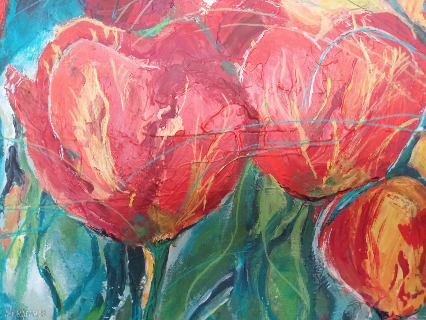 Tulipany i natura - ręcznie malowany obraz 40x40 cm na blejtramie