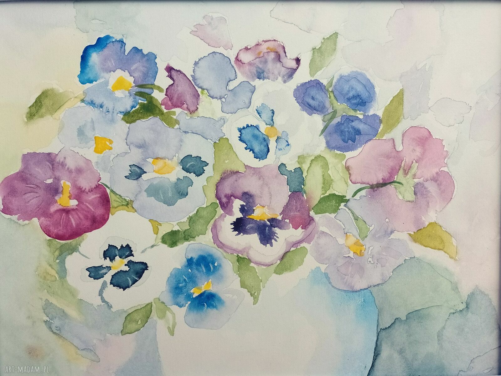 Bratki w wazonie - ręcznie malowany obraz akwarela 48x34