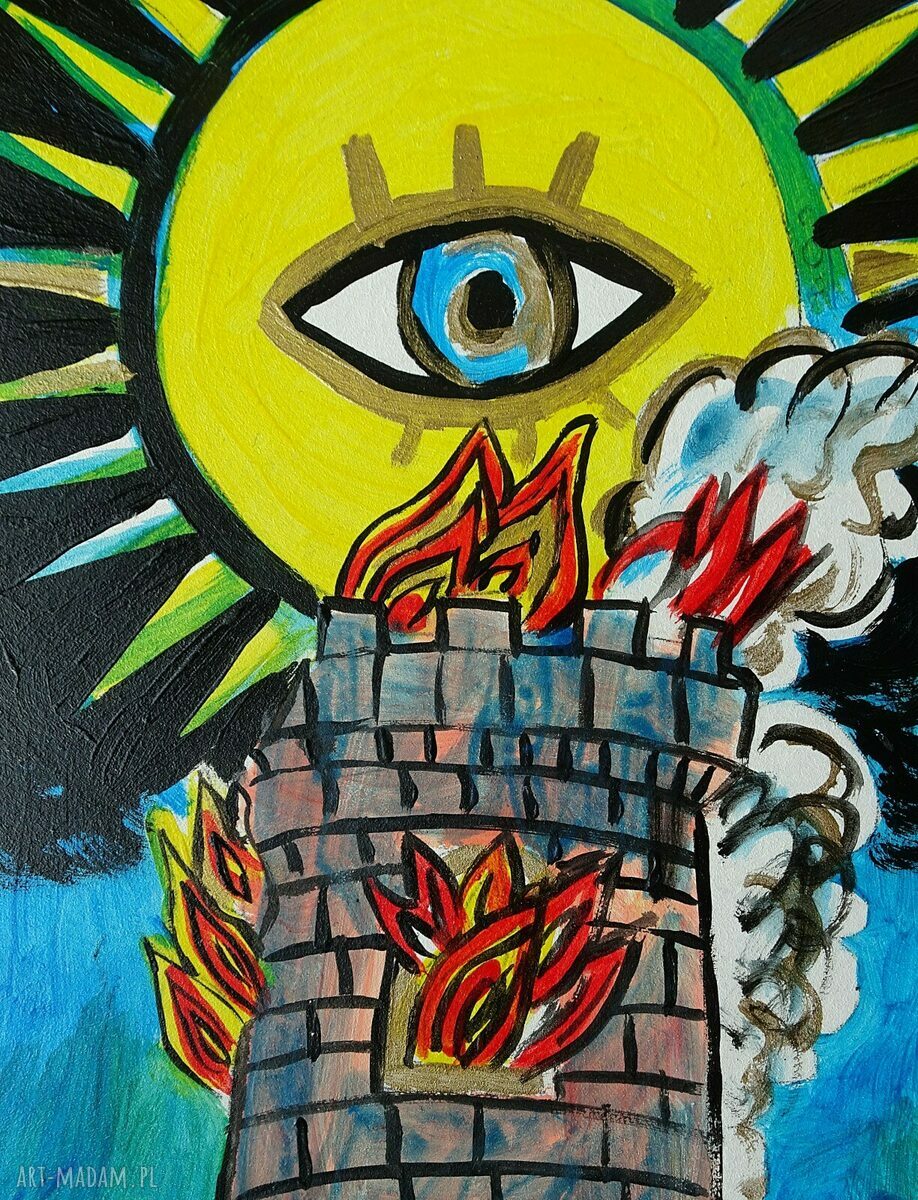 Ręcznie malowany obraz Wieża Dom Boży - akryl na płycie 21x29 cm (edycja limitowana)