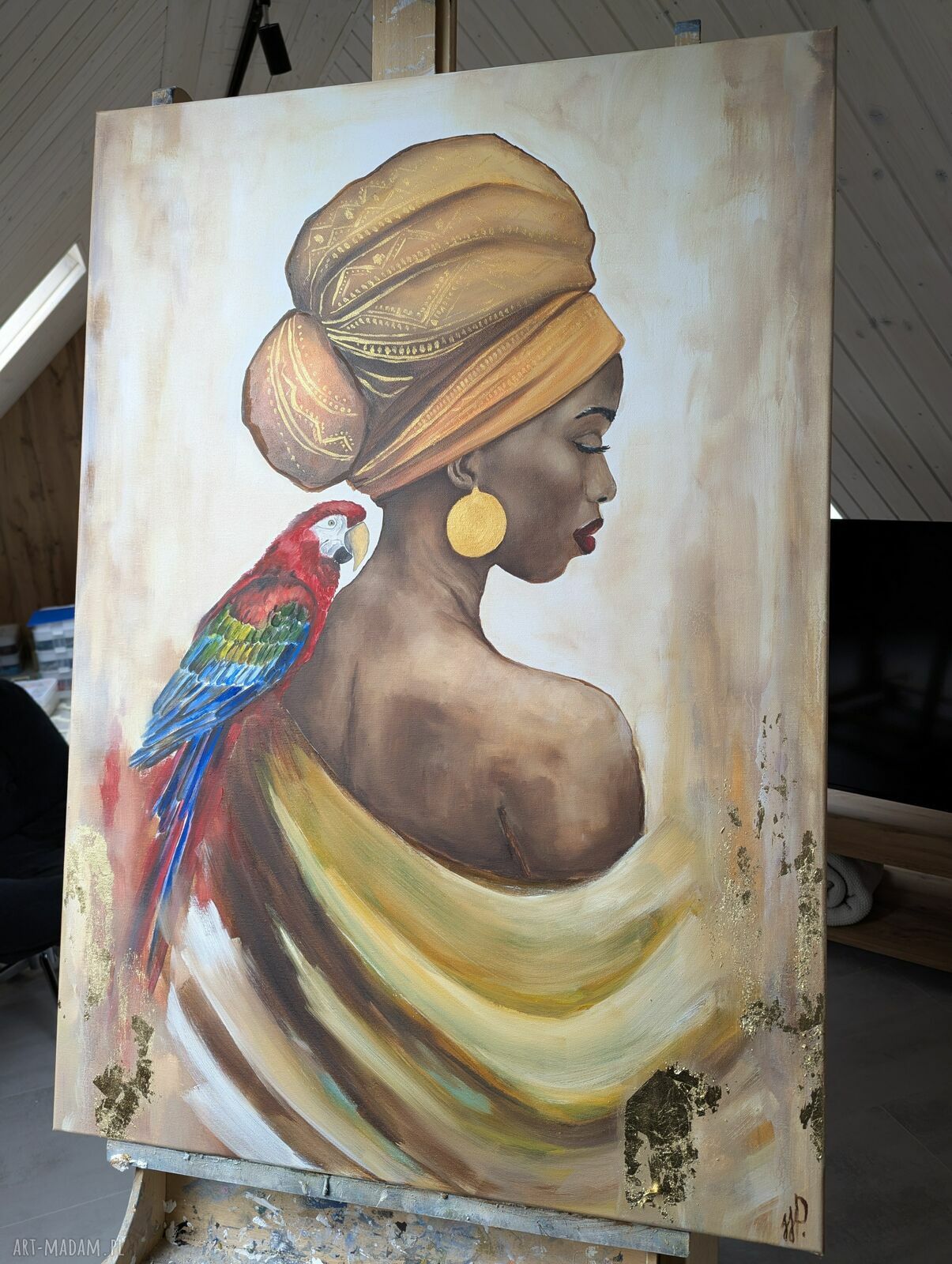 Obraz olejny 70x100 cm - Kobieta z papugą, gotowy do zawieszenia
